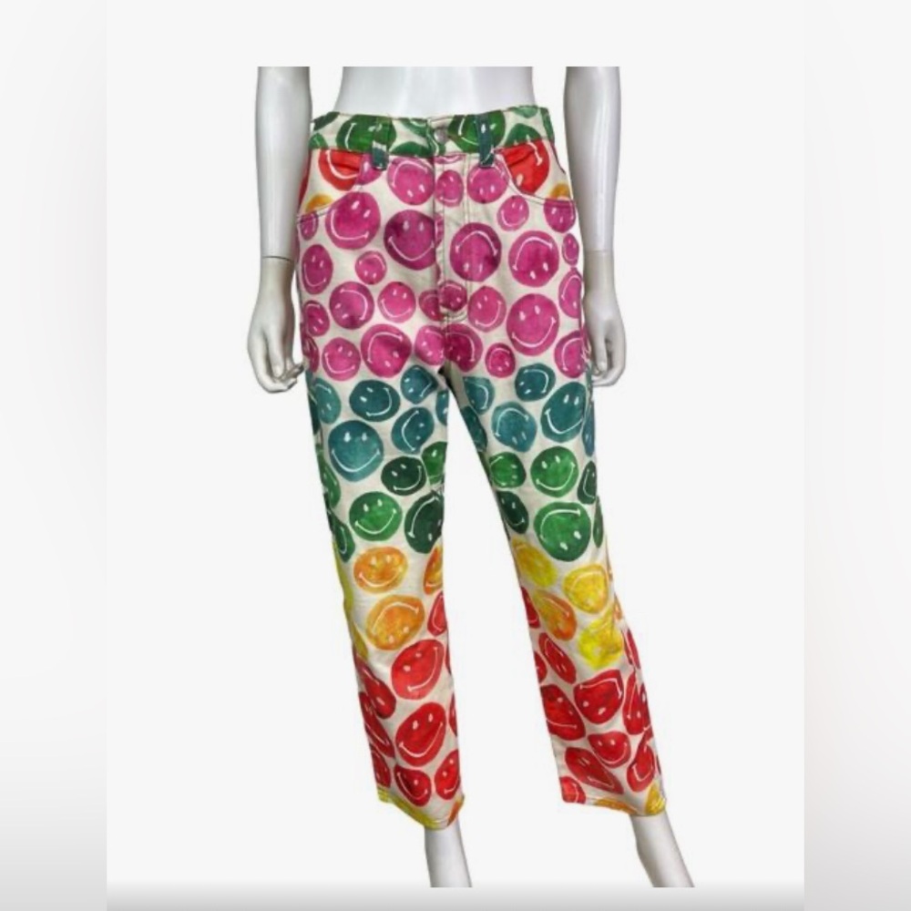 Farm Rio x Smiley Women's Rainbow Straight Leg Jean High Rise Pants EUC Rare.